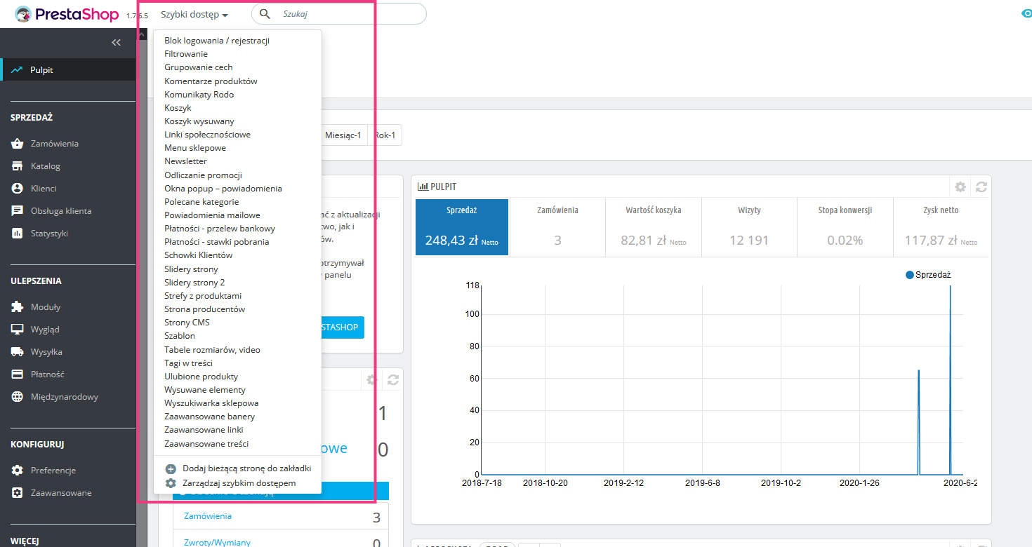 Szybki dostęp - PrestaShop